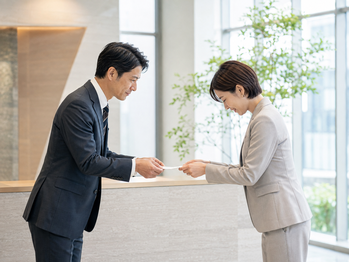 名刺交換をするビジネスパーソン